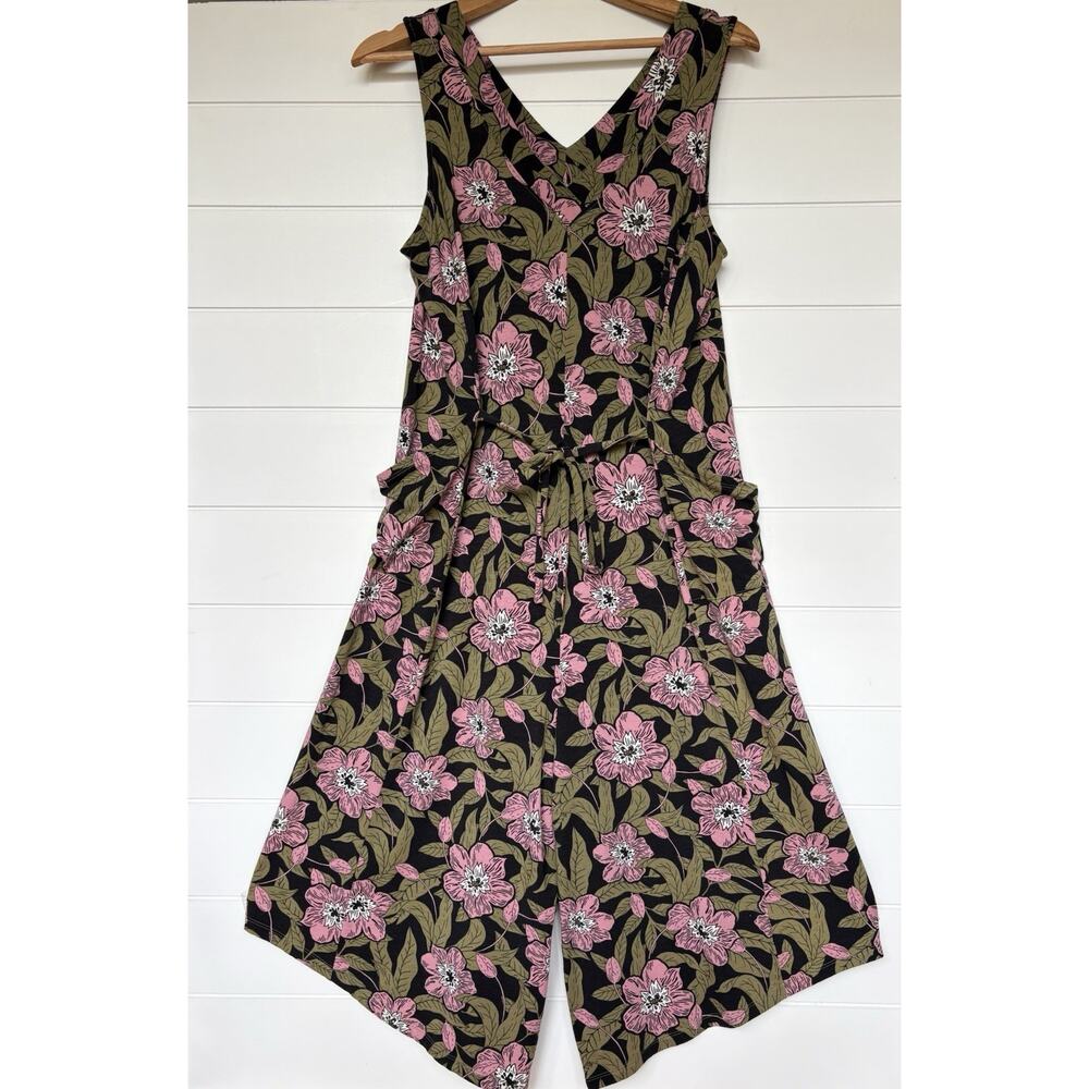 ANYBODY Cozy Knit Jumpsuit V-Neck Stretch Wide Leg Crop Gaucho QVC Green Pink S